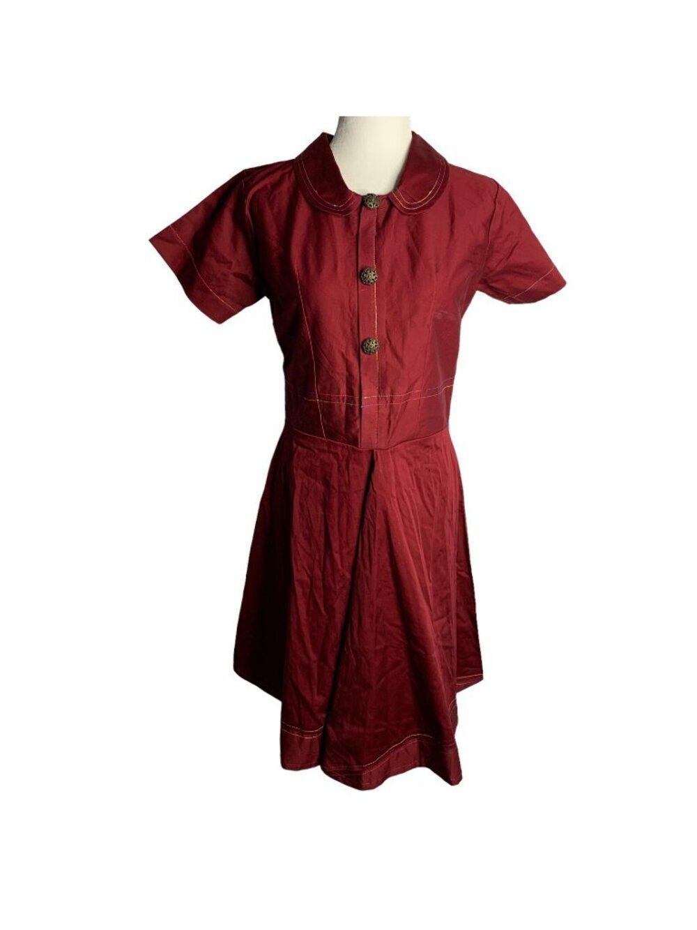 Handmade Retro Shirt Swing Dress S Maroon Red Peter Pan Collar Pinup